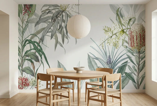Papel tapiz Botánica Silvestre instalado en un comedor luminoso