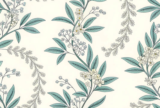 Papel tapiz con estampado botánico de ramas con hojas verdes y flores blancas sobre fondo crema claro.