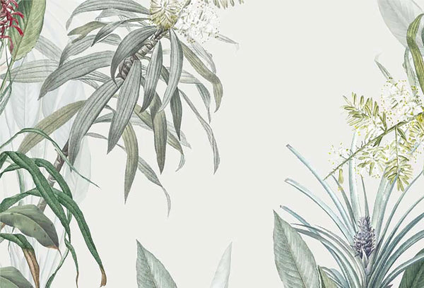 Papel tapiz mural con follaje botánico en tonos verde salvia y flores silvestres sobre fondo neutro claro