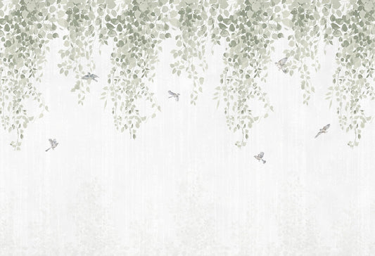 Papel tapiz mural con hojas colgantes verde sage y pequeños pájaros volando sobre fondo blanco texturizado.