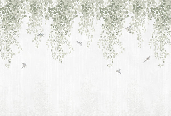 Papel tapiz mural con hojas colgantes verde sage y pequeños pájaros volando sobre fondo blanco texturizado.