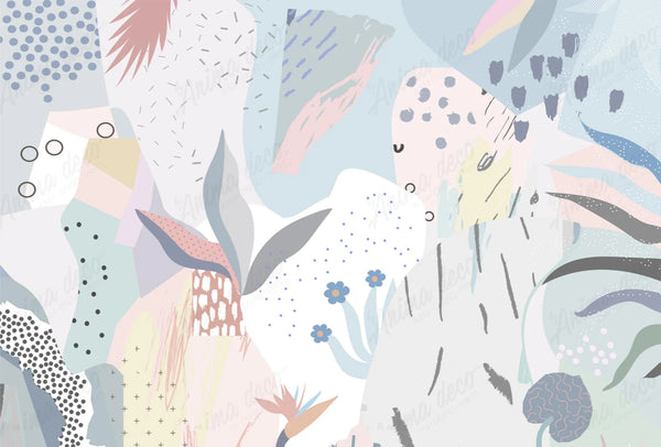 Papel tapiz mural con diseño abstracto tipo collage en tonos pastel, formas orgánicas y detalles botánicos.