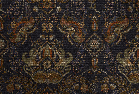Papel tapiz con diseño de brocado floral clásico en tonos bronce y carbón con textura bordada