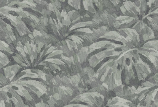 Papel tapiz de hojas de monstera y palmeras con textura de pinceladas en tonos grises y salvia.