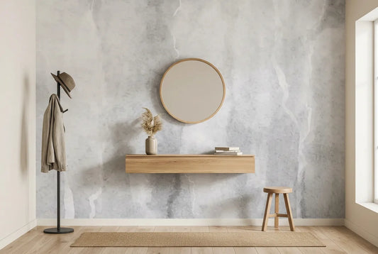 Papel tapiz Bruma Gris instalado en un recibidor de estilo nórdico