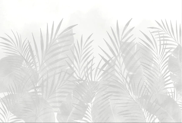 Papel tapiz con hojas de palmeras tropicales en tonos gris claro y fondo blanco difuminado