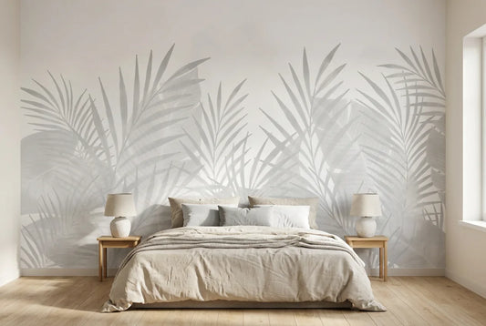 Papel tapiz Bruma Tropical instalado en un dormitorio sereno