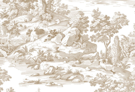 Papel tapiz estilo Toile de Jouy con grabado bucólico de río y árboles en tonos sepia y crema