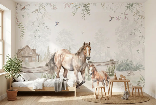 Papel tapiz Caballeriza Campestre instalado en una habitación infantil