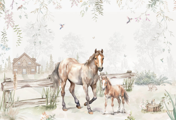 Papel tapiz mural infantil con escena campestre de yegua, potrillo, caballeriza y colibríes en acuarela beige