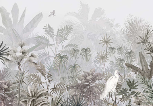 Papel tapiz mural botánico de selva tropical en escala de grises con garza blanca