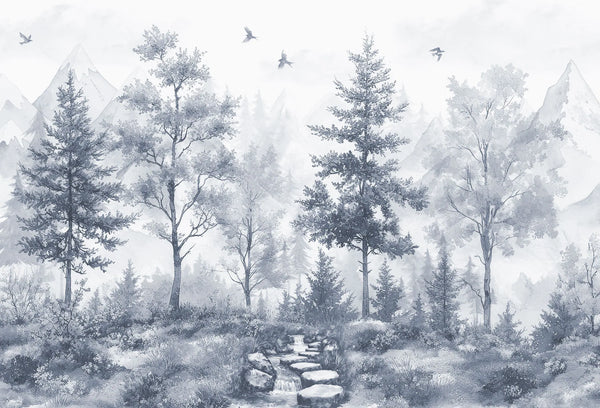 Papel tapiz mural con paisaje de bosque de pinos, arroyo y montañas en tonos gris azulado estilo acuarela