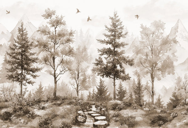 Papel tapiz mural con paisaje de bosque, montañas y arroyo en tonos sepia y beige estilo grabado.