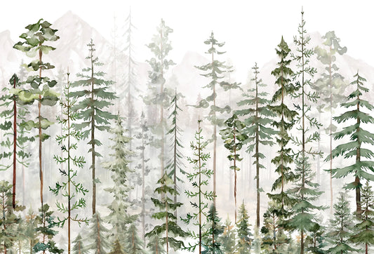Papel tapiz mural infantil con bosque de pinos en acuarela verde salvia y fondo montañoso