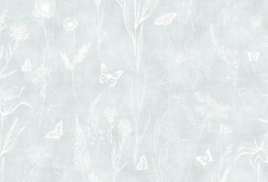 Papel tapiz botánico con flores silvestres y mariposas en trazo blanco sobre fondo celeste