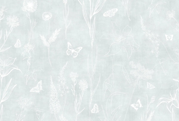 Papel tapiz botánico con flores silvestres y mariposas en trazo blanco sobre fondo celeste