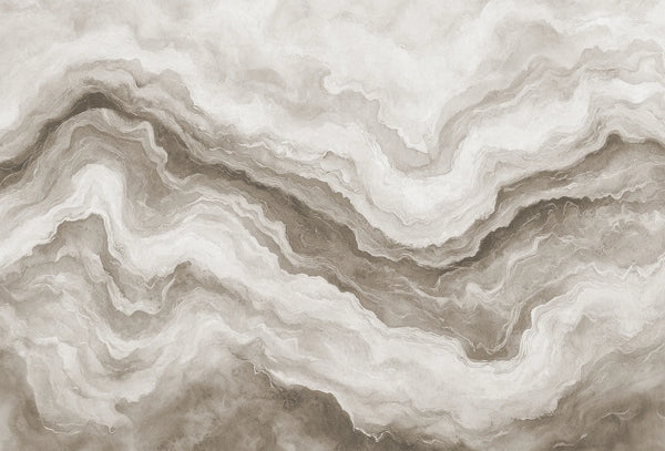 Papel tapiz con ondas fluidas estilo piedra caliza en tonalidades beige, crema y taupe para pared.
