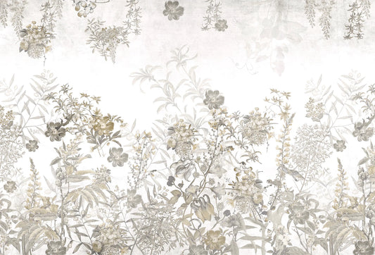 Papel tapiz con ilustración botánica de flores silvestres en tonos neutros beige y gris suave