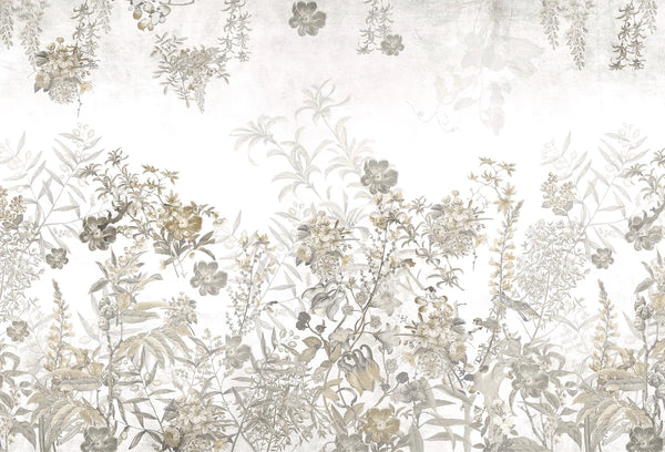 Papel tapiz con ilustración botánica de flores silvestres en tonos neutros beige y gris suave