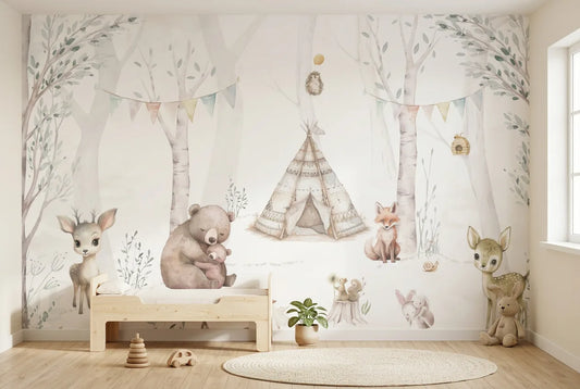 Papel tapiz Campamento Bosque instalado en una habitación infantil
