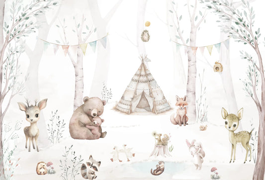 Papel tapiz con animales del bosque en acuarela, ciervos, osos y tipi para cuarto infantil