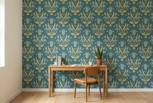 Papel tapiz Campanillas Folk instalado en un espacio de trabajo en casa