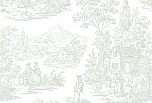 Papel tapiz con grabado Toile de Jouy en verde salvia sobre blanco con escenas campestres clásicas