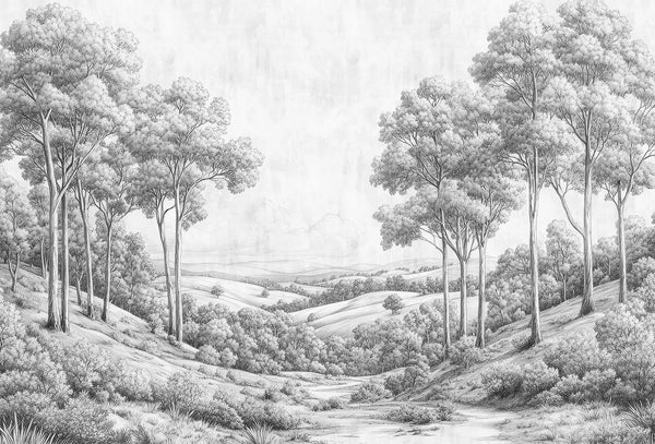 Papel tapiz mural con ilustración estilo grabado de paisaje campestre con árboles y colinas en tonos grises