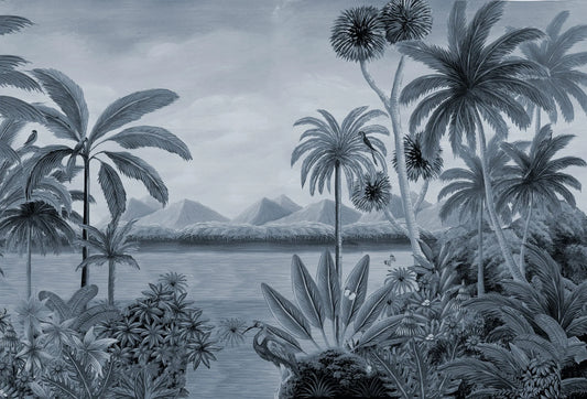 Papel tapiz mural estilo grabado botánico con palmeras, aves y montañas en tonos azul grisáceo y cianotipo.