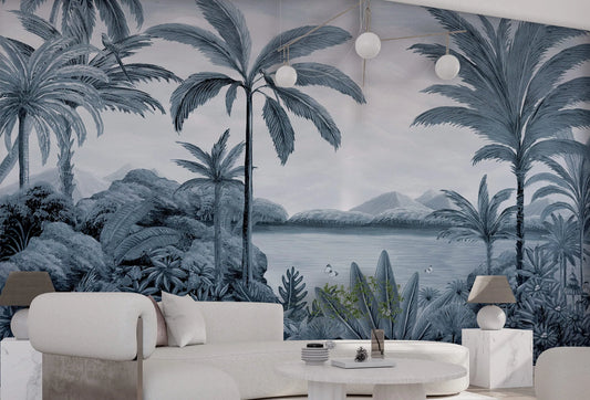 Papel tapiz mural con paisaje tropical de palmeras y lago en tonos azul cianotipo y gris