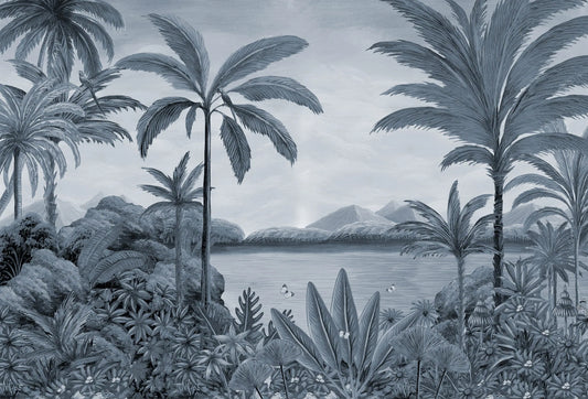 Papel tapiz mural estilo cianotipo con paisaje botánico de palmeras y lago en tonos azul pizarra.