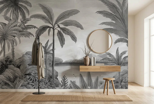 Papel tapiz Canaán Gris instalado en un recibidor de estilo nórdico
