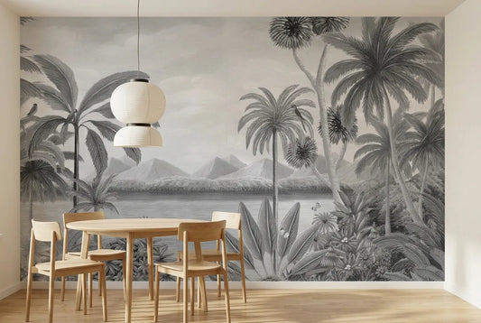 Papel tapiz Canaán Gris Masterpieces instalado en un comedor luminoso