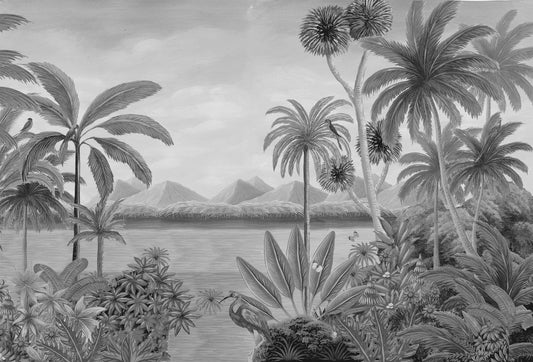 Papel tapiz mural con paisaje tropical de palmeras, aves y río en escala de grises estilo clásico.