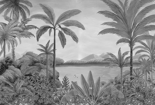 Papel tapiz mural Canaán Gris con paisaje tropical de palmeras, lago y montañas en tonos grises monocromáticos.