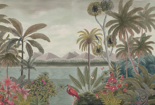 Papel tapiz mural estilo vintage con paisaje selvático, palmeras, montañas, lago y un ibis escarlata.