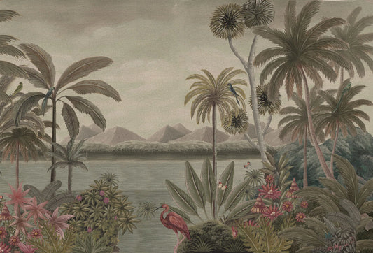 Papel tapiz mural estilo vintage con paisaje tropical de palmeras, río, montañas y aves en verde oliva y beige.