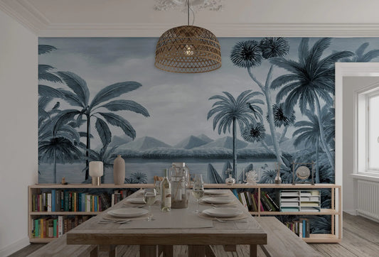 Papel tapiz mural estilo cianotipia con paisaje tropical de palmeras y montañas en azul pizarra.