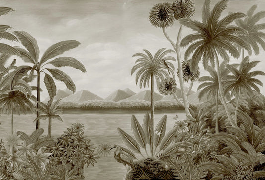 Papel tapiz mural con paisaje tropical vintage de palmeras, aves y montañas en tonos sepia