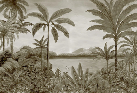 Papel tapiz con mural de paisaje tropical en sepia con palmeras, lago sereno y vegetación botánica clásica
