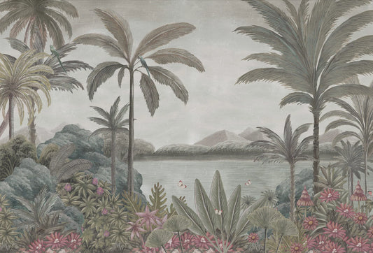 Papel tapiz mural estilo botánico vintage con palmeras, lago y flores rosas en tonos verde salvia y gris