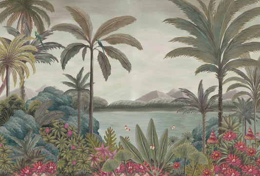 Papel tapiz mural con paisaje tropical vintage, palmeras, lago y flores en tonos verde salvia y rosa