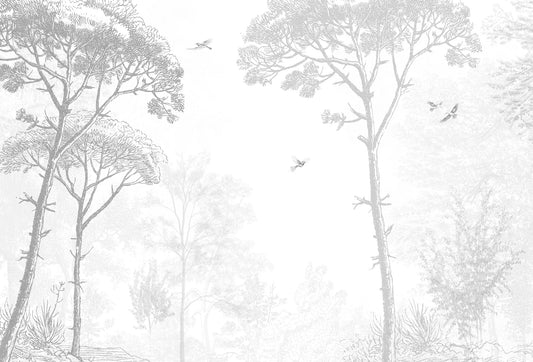 Papel tapiz con grabado de bosque de pinos y aves en tonos gris claro y blanco