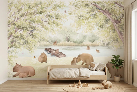 Papel tapiz Capibaras instalado en una habitación infantil