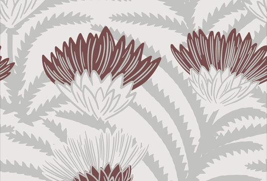 Papel tapiz con diseño botánico de cardos en tonos borgoña y hojas estilizadas en gris sobre fondo claro