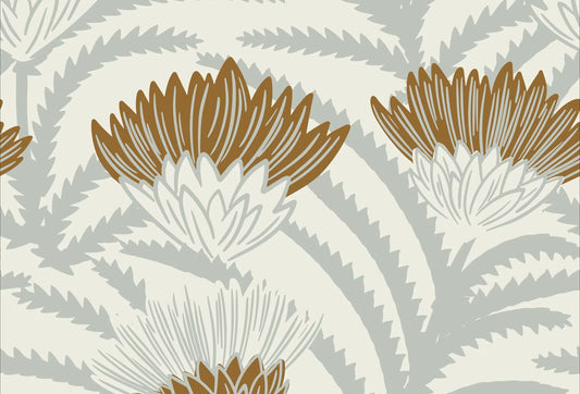 Papel tapiz con estampado botánico de flores silvestres en color ocre y follaje verde salvia