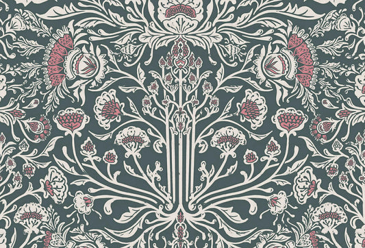 Papel tapiz con patrón floral simétrico estilo linograbado en fondo verde petróleo, crema y rosa viejo.