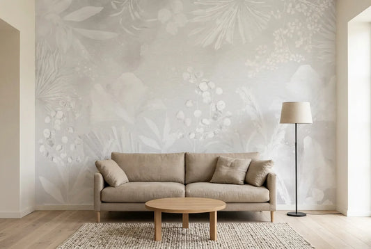 Papel tapiz Carminia instalado en una sala de estar minimalista