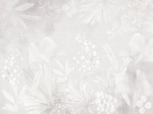 Papel tapiz con diseño botánico difuminado en tonos blanco y gris claro con siluetas de hojas y plantas silvestres.