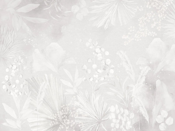 Papel tapiz con diseño botánico difuminado en tonos blanco y gris claro con siluetas de hojas y plantas silvestres.